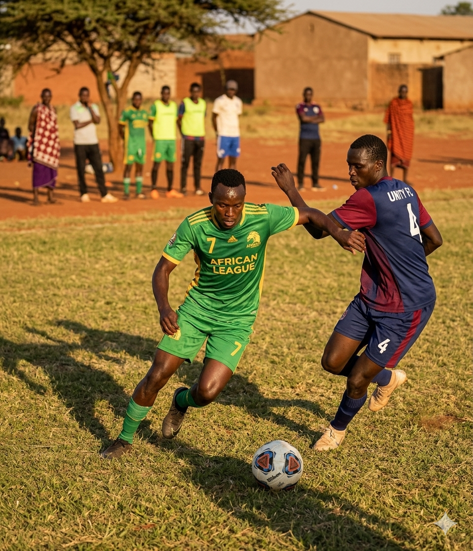 Black footballer dribbling on pitch
