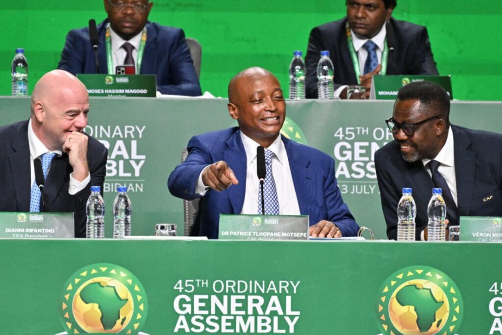 Front row (L-R): FIFA President,Gianni Infantino; CAF President, DR. Patrice Tlophane Motsepe; and CAF Secretary General, Veron Mosengo-Omba.