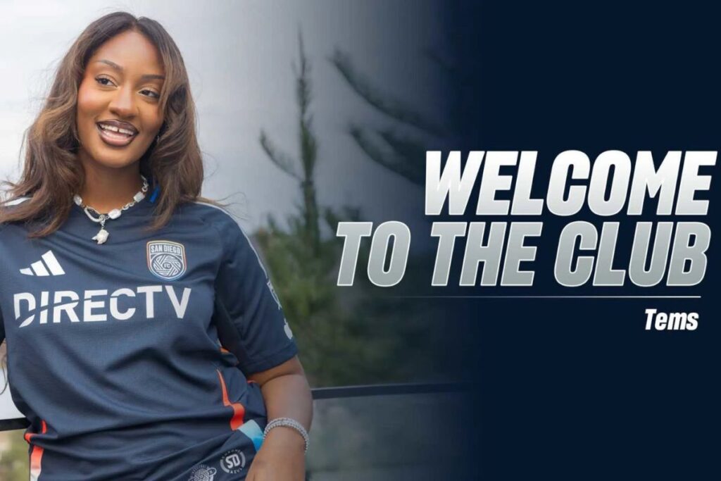 Nigerian singer Tems Wearing a San Diego Fc jersey after buying a stake in the club