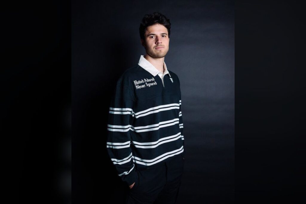 Manchester United's new signing and Belgian goalkeeper, Senne Lammens, in one of their exclusive merchandise