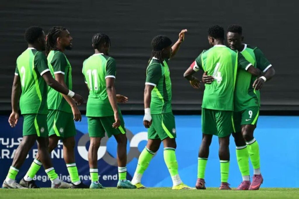 The Nigerian Super Eagles celebrate Emmanuel Fernandez's debut goal.