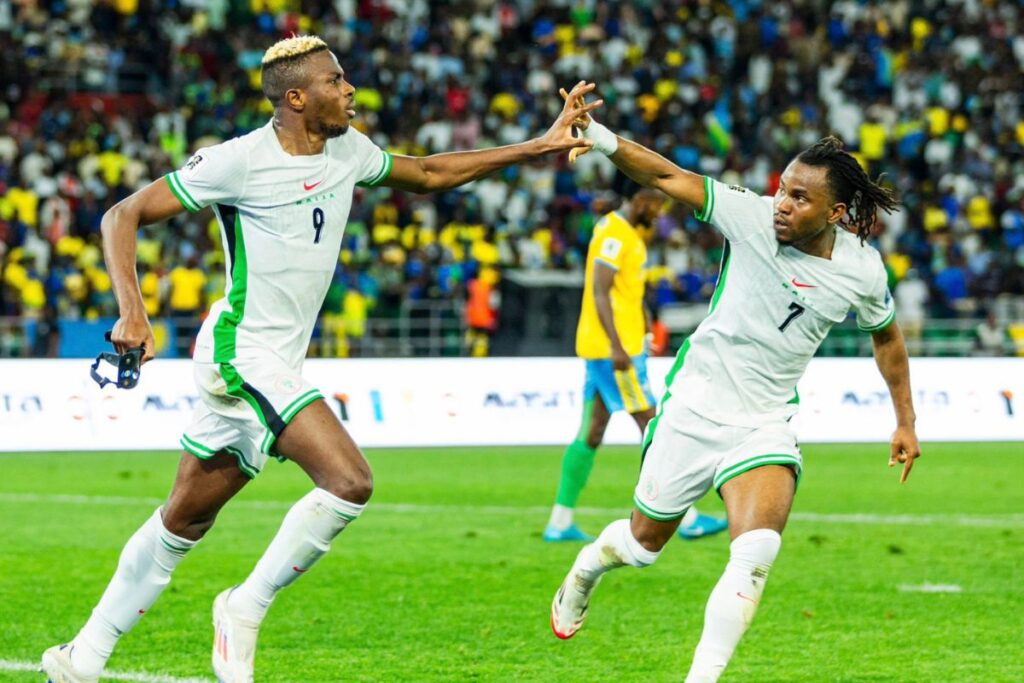 Ademola Lookman and Victor Osimehn celebrating Lookman's goal for the Super Eagles of Nigeria.