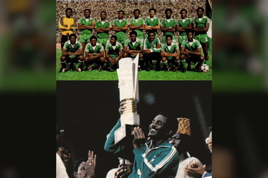 The Green Eagles squad of 1980 & Christian Chukwu lifting Nigeria's first AFCON trophy. 
