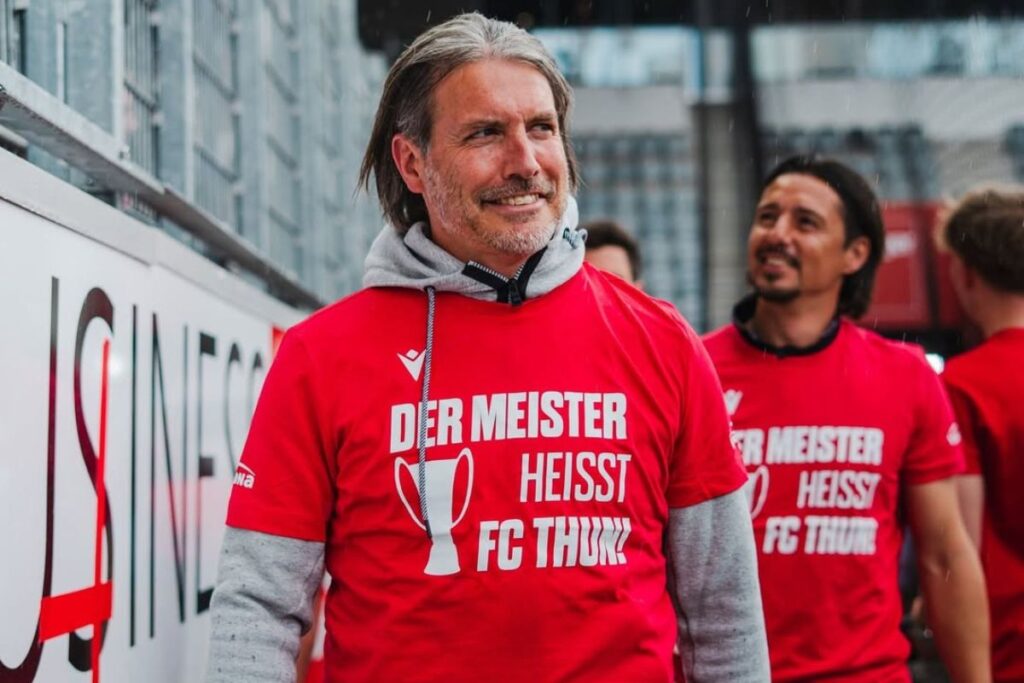 FC Thun's President Andres Gerber celebrating their Swiss League title with the team and fans.
